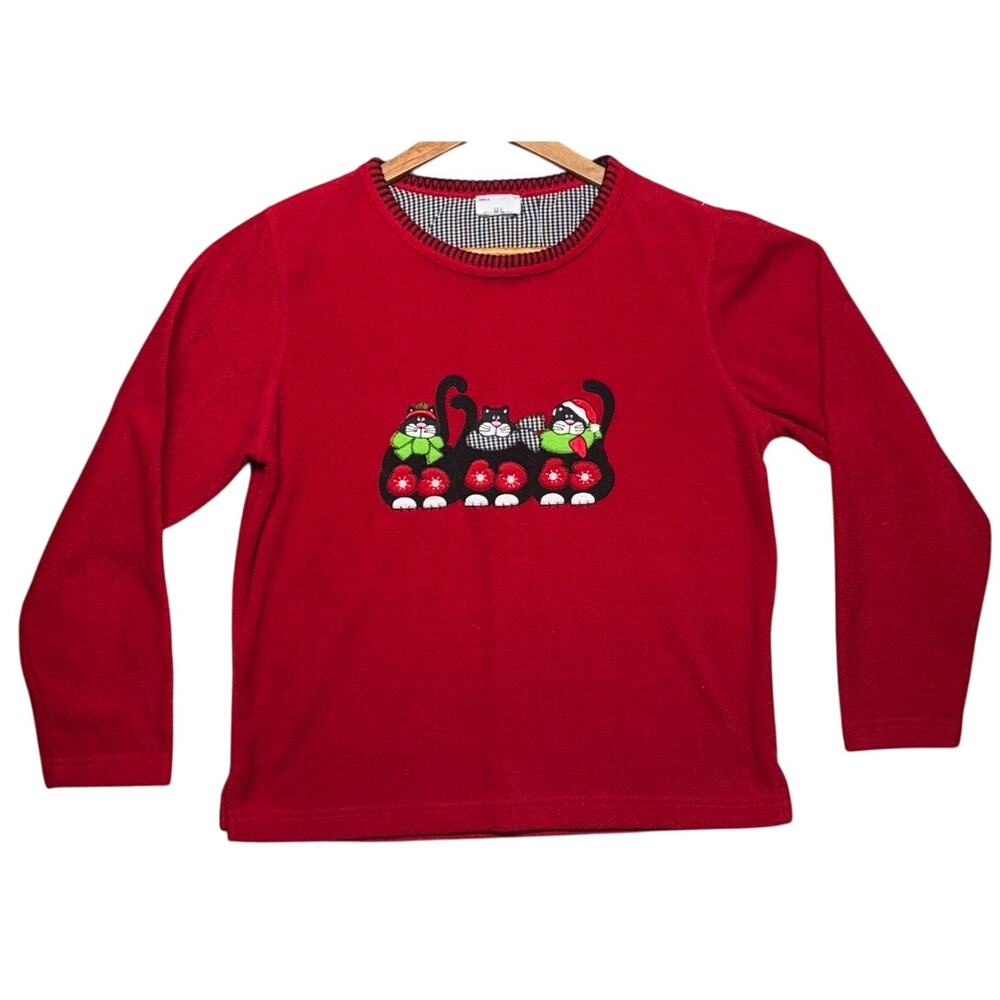 Red Fleece Christmas Cats Holiday Festive Long Sleeve Top Women Small